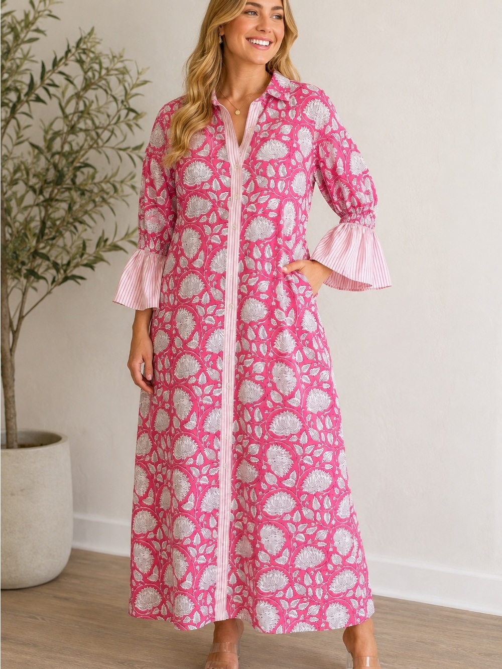 Miss Madigan Pink Floral Maxi Dress XL 100% Cotton Ruffle Bell Sleeve